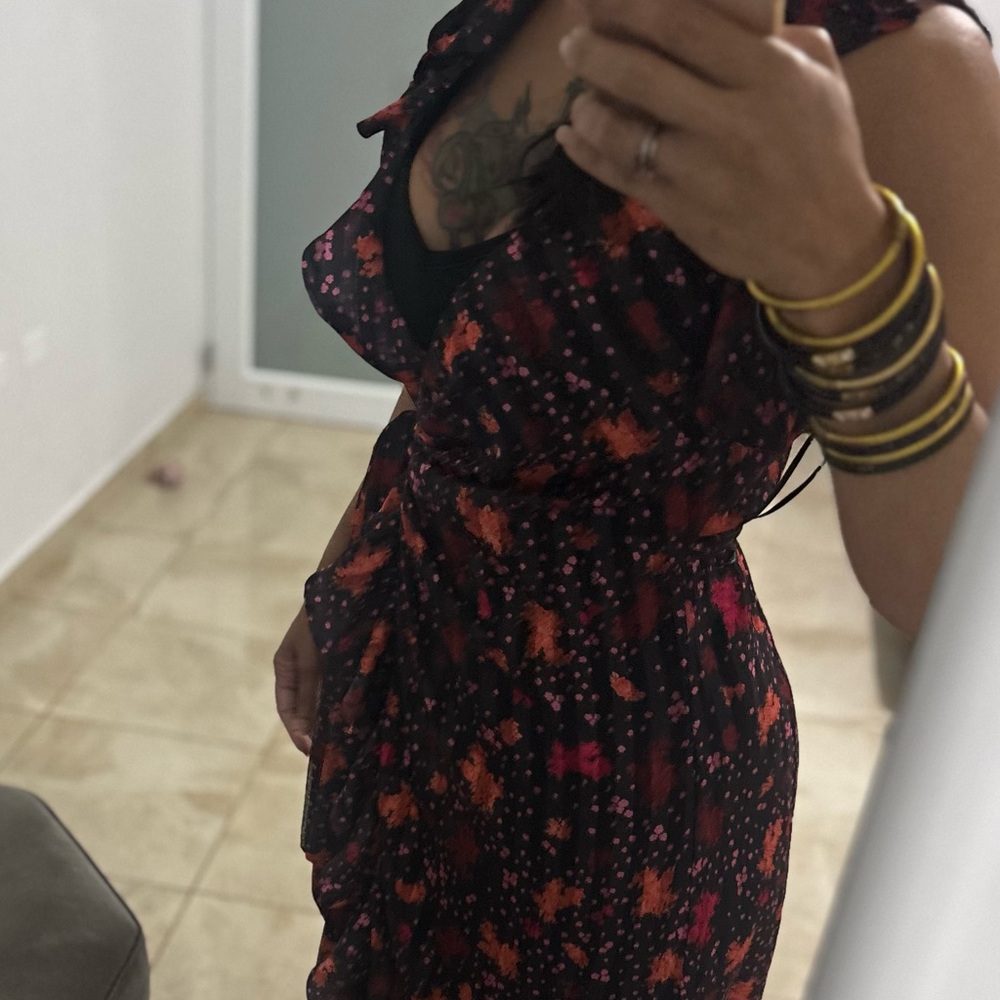 Sheer Black Maxi Dress with Orange & Fuchsia Floral Print